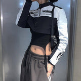 Fongt Cool Girl Motorcycle Wind Splicing Print Bump Color Jacket Women's New Standing Collar Zipper Cardigan Short Coat-Outfit