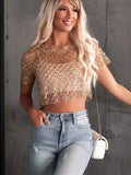 Fongt Women's New T-Shirt Pearls Short-Sleeved Summer Music Festival Party Sexy Lied Women