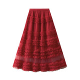 Fongt Heavy Industry Lace Cake Skirt Long Skirt Sweet Wind High Waist Wood Ear Net Yarn Skirt 1276
