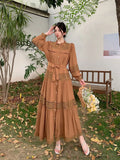 Fongt Wooden Ear Collar Buckle Tie With Long Hollow Lace Splicing French Bubble Sleeve Dress