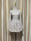 Long Sleeve Square Neck Floral Embroidered Mini Dress-Outfit