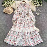 Fongt Retro Court Wind Hollow Lace Splicing Lantern Sleeve Collection Waist Single Buckle Print Dress 2025 Spring Dress