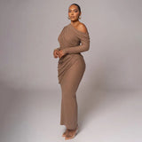 Draped Off-Shoulder Long Sleeve Top And Maxi Skirt Set-Outfit