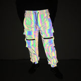 2024 New Men's Multi-Pocket Colorful Reflective Pants Ins Laser Backbeam Foot Cargo Pants-Outfit