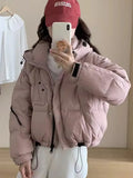 Puff Hooded Down Jacket Women's Short Winter 2024 New Add Thick Color Zipper Sleeve White Duck Velvet Bread Coat-Outfit