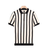 Fongt Summer Short-Sleeved Men's Korean Version Of Retro Striped Personality Zipper Half-Sleeved Knitted Shirt Casual T-Shirt Man's Tide