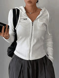 White Zip-Up Hooded Cropped Knit Top-Outfit