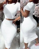 Fongt Round Neck Short Sleeve Show Waist Sexy T-Shirt Wrapped Buttock Skirt