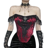 Autumn New Dark Composite Lace Blouse Female 2023Ins Online Celebrities With The Same Waist Splicing Sling-Outfit