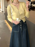 Fongt Yellow Knitted Cardigan Women 2025 Spring New Self-Cultivity Temperament Gentle Thin Simple Sweater Jacket