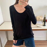 T-Shirt Women's Long-Sleeved Undershirt Cotton Loose Open Collarbone U-Collar Blouse-Outfit