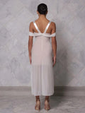 Silver Bustier Off-Shoulder Mesh Midi Dress-Outfit