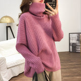 Lazy Wind Foreign Style High Collar Sweater Female Autumn Winter Versatile Show Thin Casual Soft Waxy Sweater Jacket-Outfit