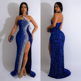 Fashion Women's Solid Color Hot Diamond Sequins Sleeveless Long Skirt Dress-Outfit