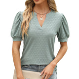 2024 New V-Neck Bubble Sleeve Pleated Short Sleeve Loose T-Shirt Top-Outfit