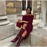Burgundy Off Shoulder Fold Knit Midi Dress-Outfit