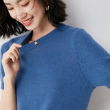 Fongt Female Round Collar Loose T-Shirt Inside Build Sweater Spring Autumn Base Outside Wear Short Sleeve Hair-Outfit