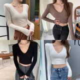 Fongt Women's Short Slim Long Sleeve With Bottom Shirt Autumn 2024 New Sexy V-Neck Collarbone Student Top