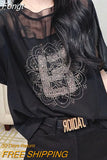 Women's Clothing Fashionable Mesh Spliced Round Neck Tops Summer Trend Loose Batwing Sleeve Solid Color Diamonds T-shirt