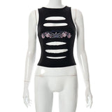 Dark Y2k Punk E-girl Aesthetic Women Tank Tops Gothic Grunge Sexy Cut Out Black Crop Top Printed Skinny Streetwear