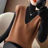 Fongt Blend 2024 Autumn Winter New Ladies Loose V-Neck Short Solid Color Set Knit Vest Vest Vest-Outfit
