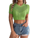 Fongt Shooting Spring And Summer Leisure Hollow Jasmine Short-Sleeved Knitted Jersey Holiday Short Umbilong Tops Women's Clothing