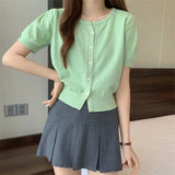Fongt Kong Flavor Retro Round-Neck Short-Sleeved Knitted Shirt Girls Summer Thin Design Slim Short Thin Open Shirt Top