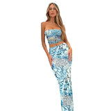 Fongt Women's Fashion Print Strapless Hip Skirt Set Spring / Summer 2024 New Slim Two Sets For Women-Outfit