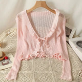 Ruffles Cardigan Slim Women Casual Transparent Sweater Shirts Lady Thin Solid Coats Female Crop Top-Outfit