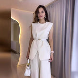 Fongt Summer New Solid Color Round Collar Sleeveless Top High Waist Broad Leg Pants Two Sets Of Women