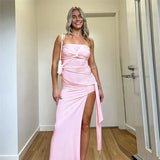 Strapless Pink Tie Up Mesh Midi Dress-Outfit