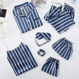 Spring 7 Pieces Set Silk Elegant Women Pajamas stripe Shorts Long Sleeve Tops Elastic Waist Pants Full Lounge