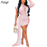 Sheer Mesh Patchwork Sequins Ribbon Mini Party Dress Women Sexy Mock Neck One Shoulder Long Sleeve Bodycon Club