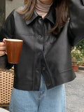 Vintage Lapel Neck Pocket Loose Short Leather Jacket-Outfit