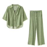 Fongt Women's 2025 Summer New Linen-Blend Striped Shirt Wide-Legged Trousers Set