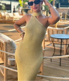 Beige Draped Halter Neck Knit Midi Dress-Outfit