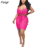 Tassel Hollow Out Beach Two Piece Set Women Sexy See Through Hand Crochet Knitted Suit Lace Up Bra Top Shorts