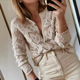 / Winter 2024 Women's New Knitted Long Sleeve Hollow-Out Jacket Coat Button Shirt-Outfit