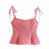 2023 Plaid High Waist Flare Pants Women Vintage Red Gingham Summer Trouser Chic Front Welt Pockets Woman Casual Pants 703-0-Outfit