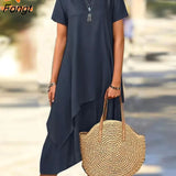 Women's Short Sleeve Round Neck Casual Asymmetric Hem Solid Color Midi Dress Chic and Elegant Woman Dress Women