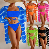 Fongt Solid Color Colorful Swimsuit Wavy Chiffun Beach Three-Piece Bikini