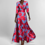 Fongt Women's Fashion Elegant Temperament V-Neck Print With Large Skirt Dress Dress Woman