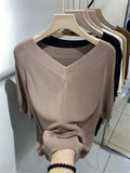 Ice Silk Knitted Tops Women Casual Loose V-neck Thin Knitwear T-shirts New Big Size 4xl Korean Short Sleeve Pullover