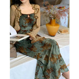 Vintage Leaves Print Maxi Dress-Outfit