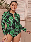 Size L-4XL One Piece Swimsuit Women Long Sleeve Swimwear 2023 Print Zipper Monokini Tankini Bodysuit Bathing Suit
