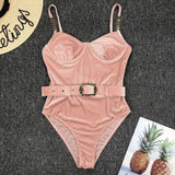 Black Buckle One Piece Swimsuit Women High Cut Metal Chain Strap Push Up Padded Monokini Bathing Suit Bodysuit