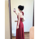 Fongt Casual Temperament Wave Point Print Hanging Neck V-Neck Dress Korean Waist Thin Dress