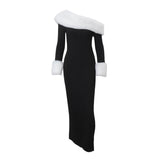 Off-shoulder Black Fur Trim Long Sleeve Maxi Bodycon Dress-Outfit