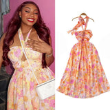 Fongt Hollow Hanging Neck Sling Dress Female Pure Lust Atmosphere Feel Waist Thin Temperament Super Fairy Holiday Floral Dress