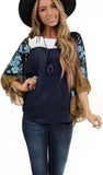 Fongt Women's Wear Bat Sleeve Print Color Swafge Round Collar Blouse T-Shirt